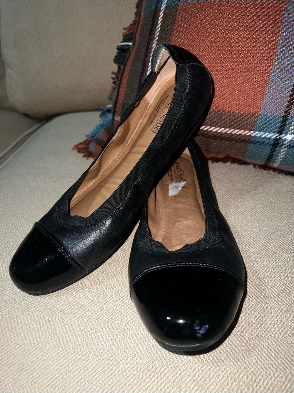 Josef Seibel Black Leather & Patent Cap-Toe Ballet Flats